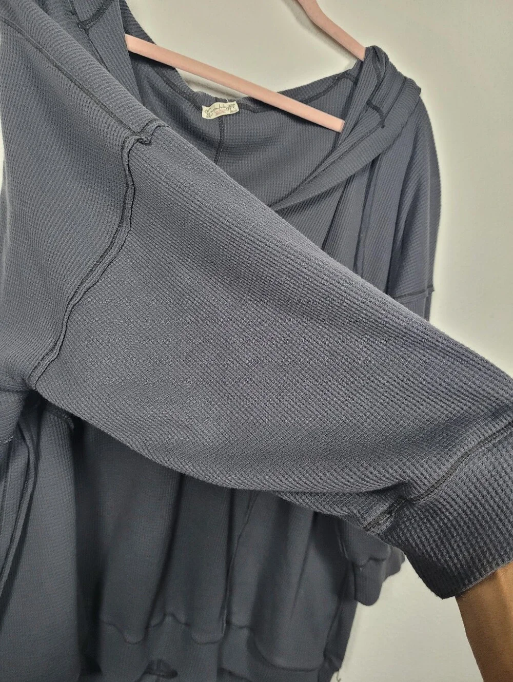 Intimately FP Early Night Charcoal Waffle Knit Hooded Thermal Tunic Top S Cozy